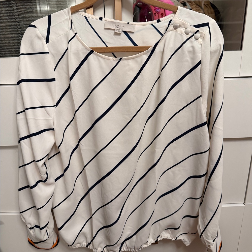LOFT White Blouse with Navy Diagonal Stripes